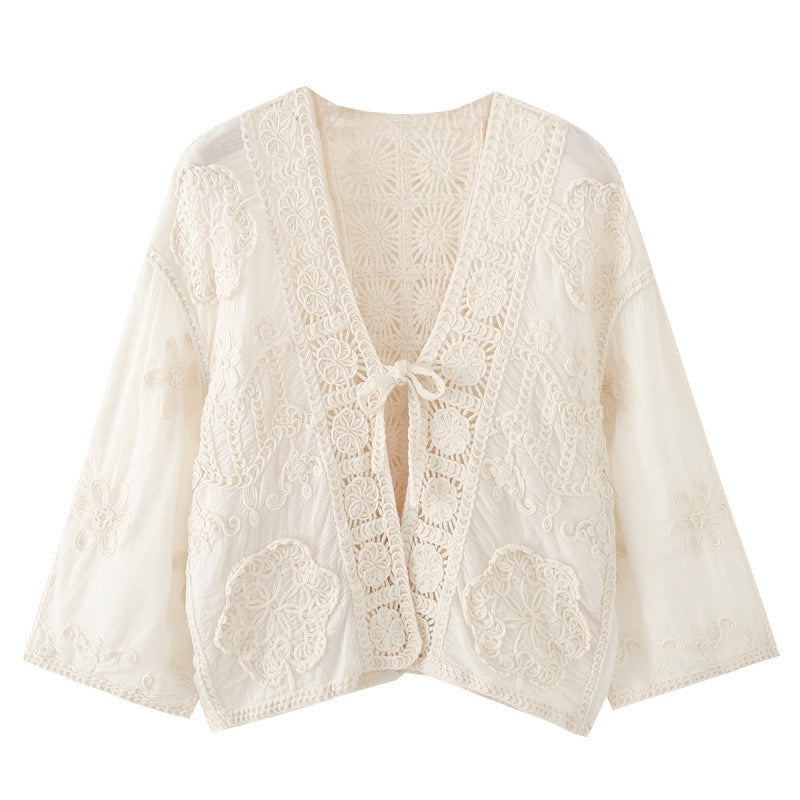 Dam Boho Crochet Lace Jacka med V-Neck och Tie