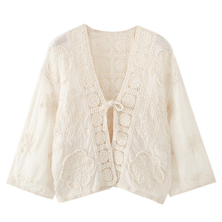 Dam Boho Crochet Lace Jacka med V-Neck och Tie
