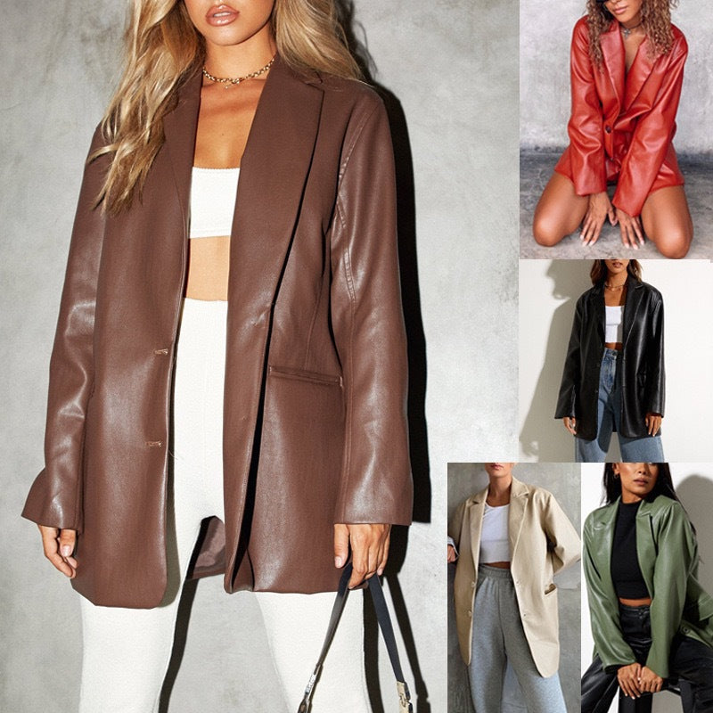 Dam Oversized Konstläder Blazer Jacka