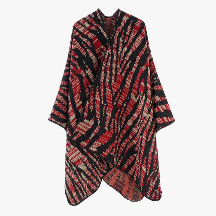 Dam Rectangular Ruana-Overlay med Extravagant Animal-Jacquard och Open Draping