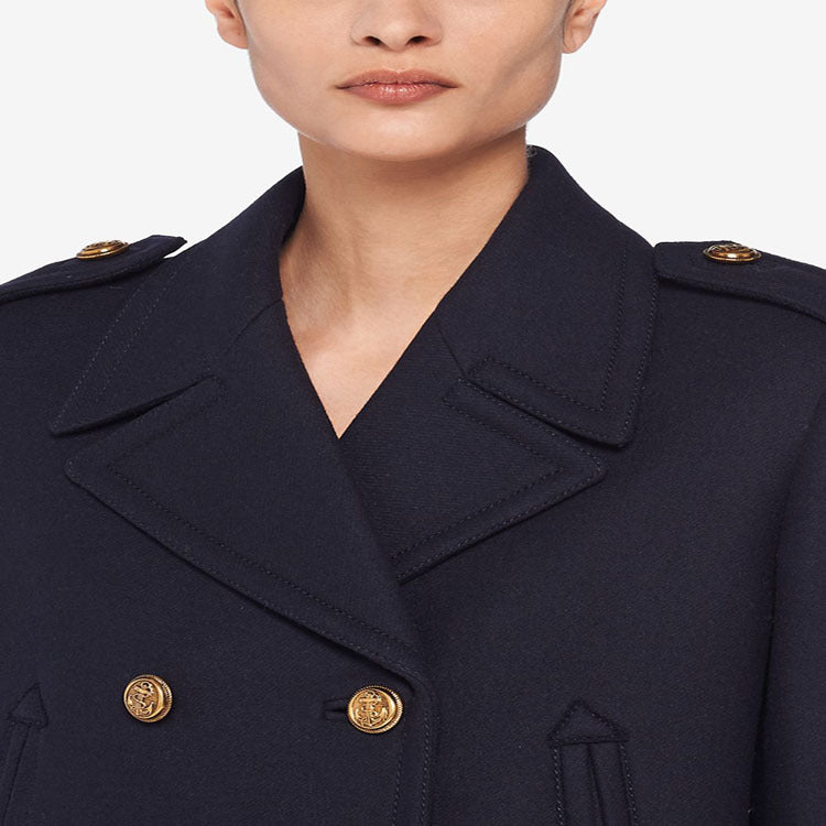 Dam Double-breasted military-inspired Maxi ull kappa med Epaulets och dekorativ Straps