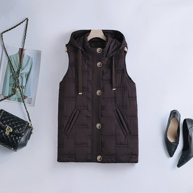 Dam quiltad hooded väst med button-front och slip fickor