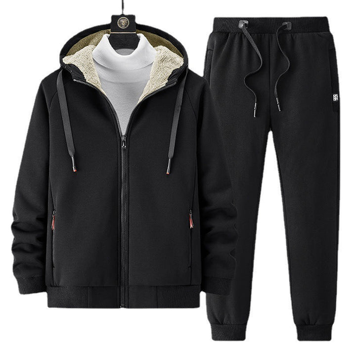 Herr Fleece-Fodrad Dragkedja Luvtröja och Jogging Byxor Set med Teddy Foder