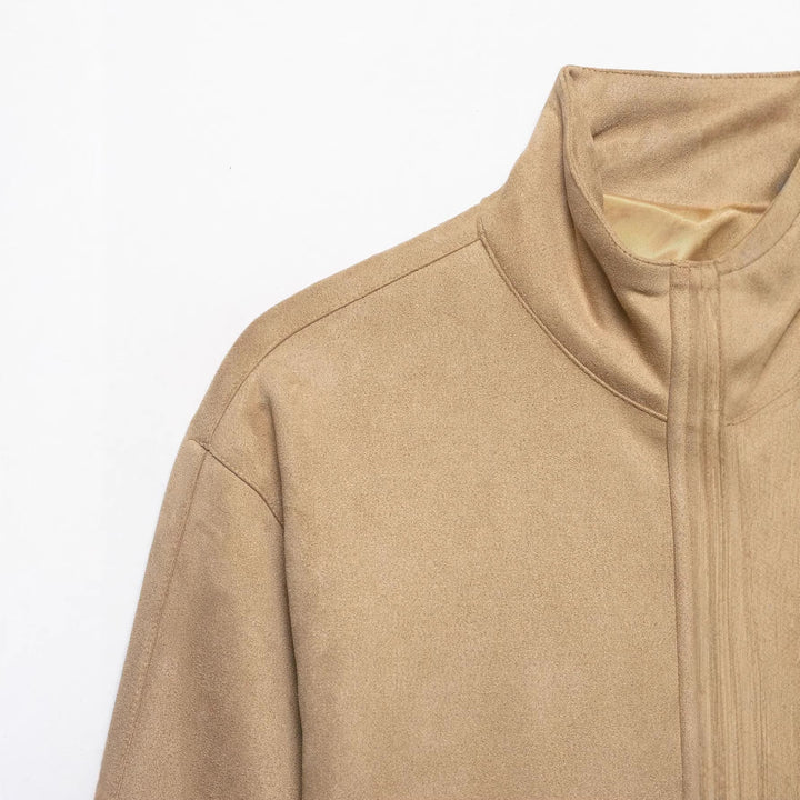 Dam Kort Boxig Jacka i Velour Look med Stå Krage och Press Stud Knäppning