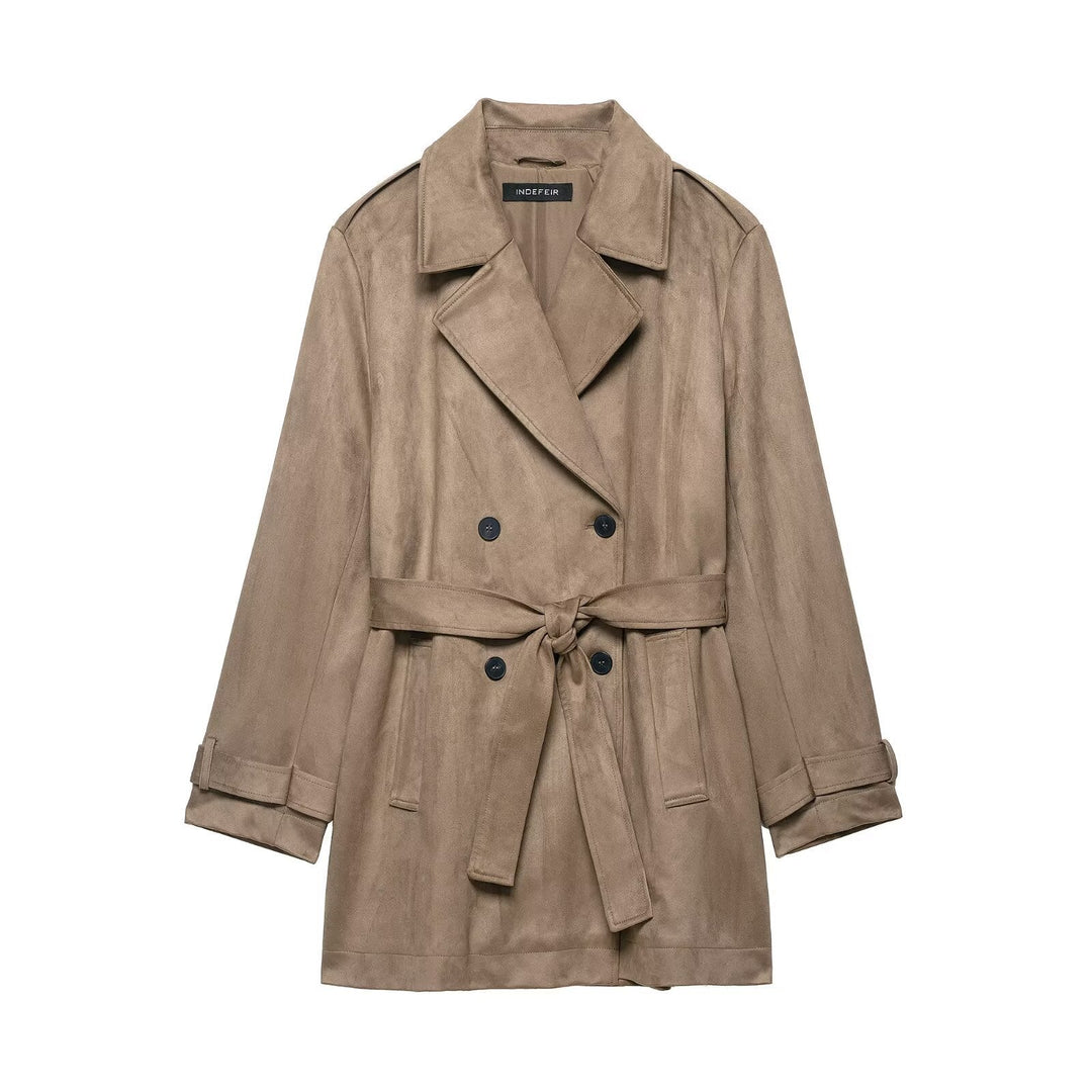 Dam Dubbel Breasted Mocka Effect Trenchcoat med Midjebälte