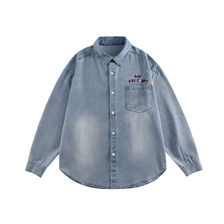 Unisex Oversized Denim Skjorta Jacka med Rounded Fåll och Embroidered Bröst Motif