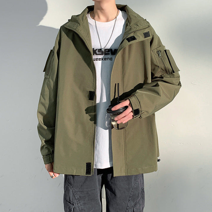 Herr two-lager softshell overlay jacka med huva, vind och vatten avvisande membran och justerbar fåll