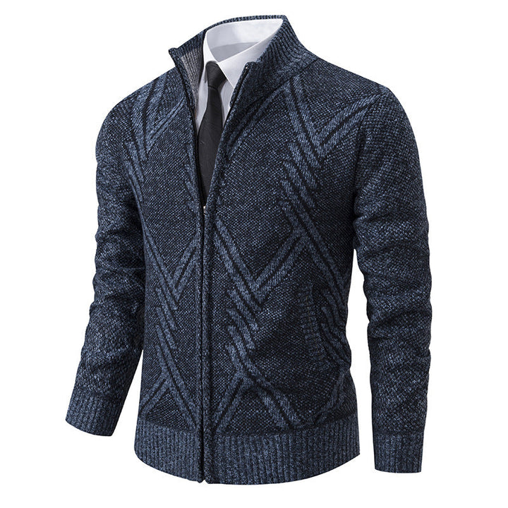 Herr Chunky Stickad Dragkedja Cardigan med Ståkrage och Geometrisk Structure Mönster