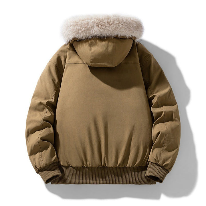 Herr Vadderad Vinter Jacka med Faux Fur Huva, Quiltad Checkered Foder och Bomber Muddar