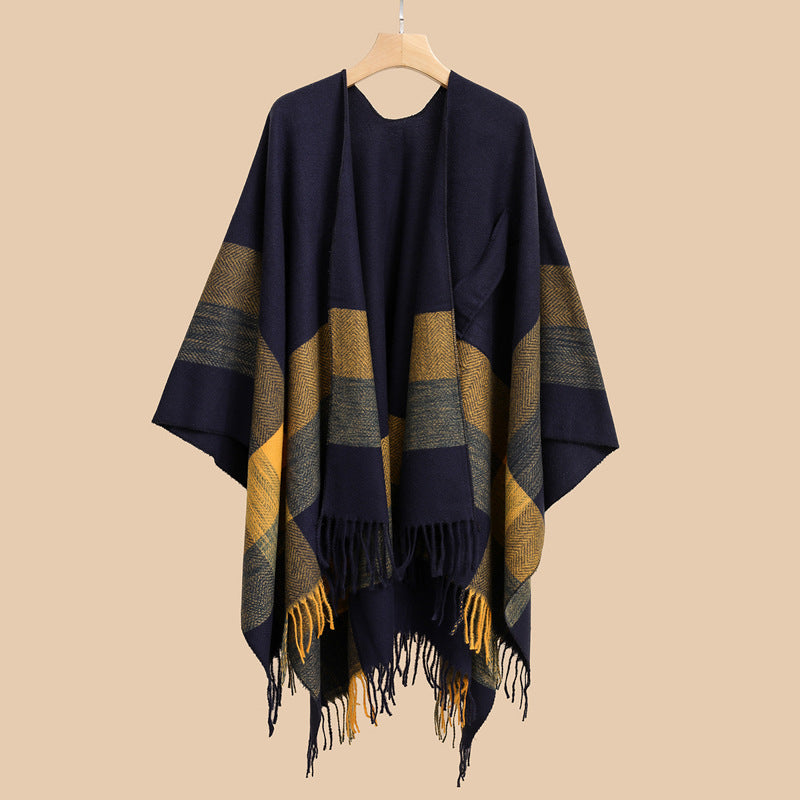 Dam lätt ullblandning kimono skärning Overlay med Herringbone kant och fransfåll