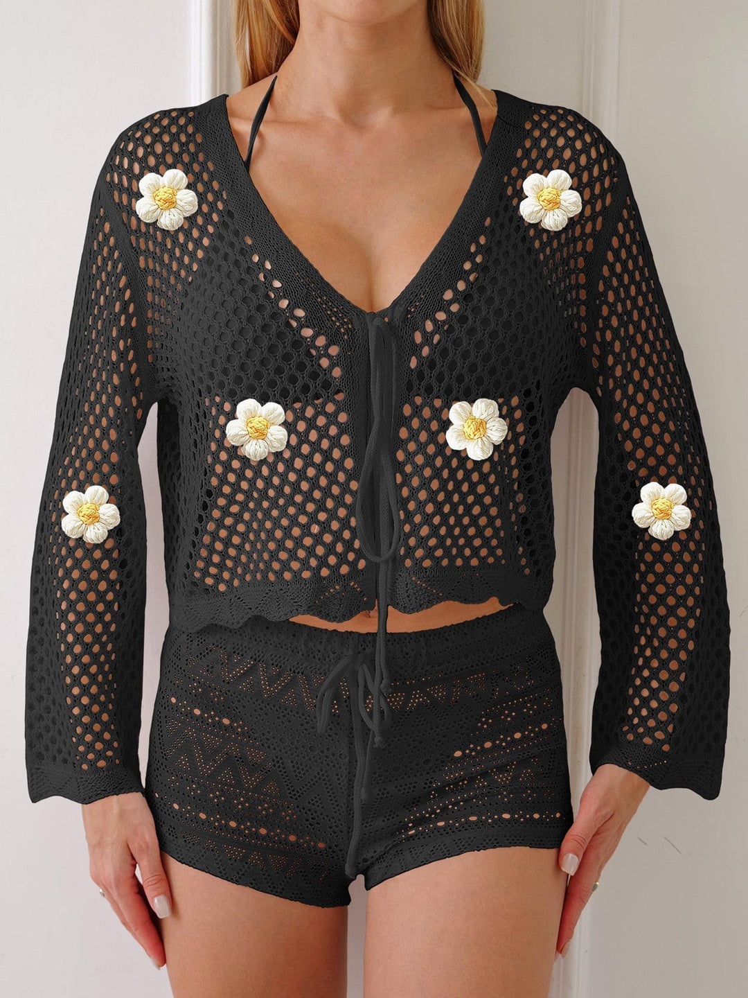 Dam lätt virkad jacka med floral detail