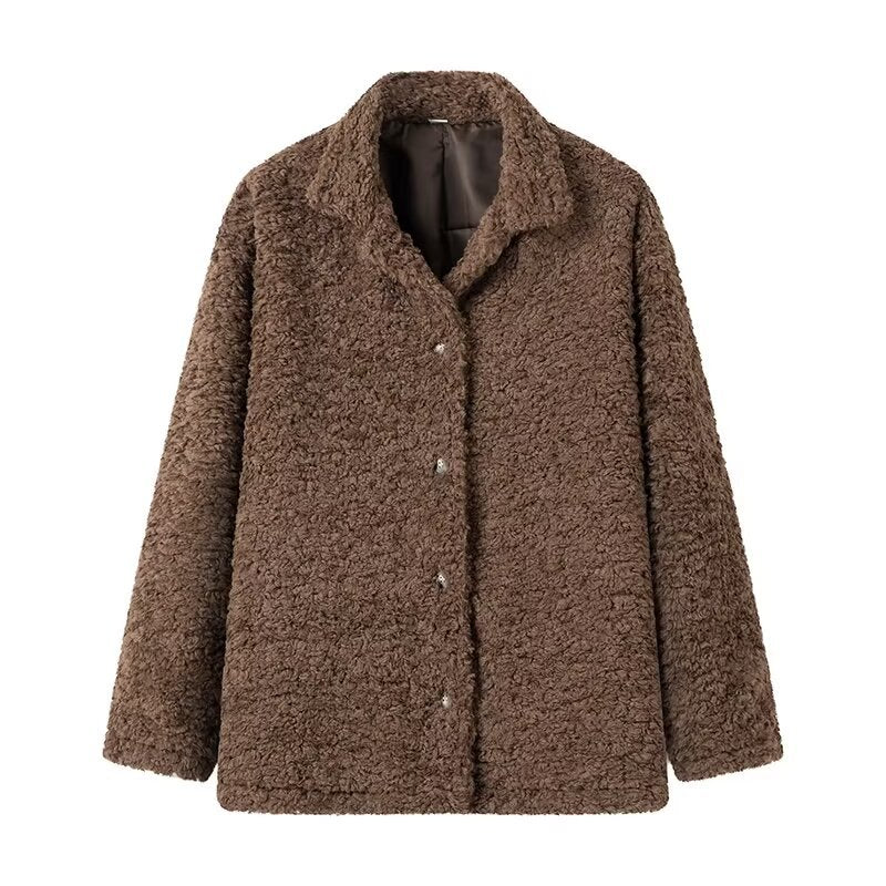 Dam cuddly teddy jacka med skjortkrage, tryckknäppning, och värmande vaddering