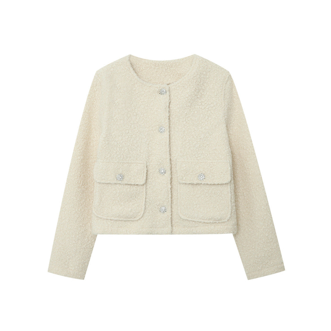 Dam Cropped Boucle jacka med Round Neckline, Flap fickor och Shimmering Decorative knappar