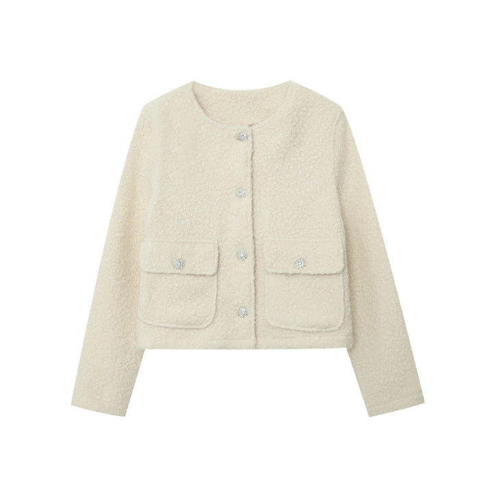 Dam Cropped Boucle jacka med Round Neckline, Flap fickor och Shimmering Decorative knappar