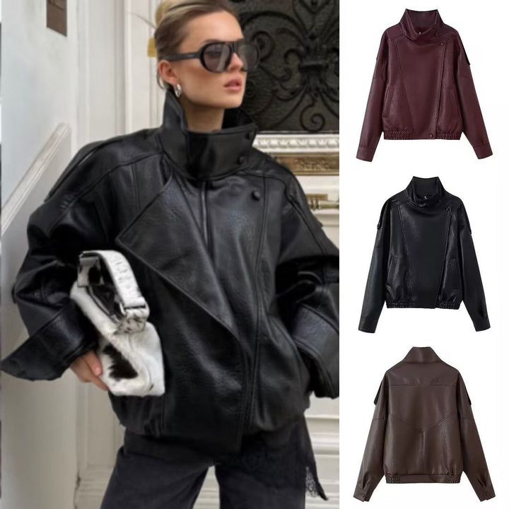 Dam Oversized Konstläder Jacka med Skjortkrage och Elastic Fåll