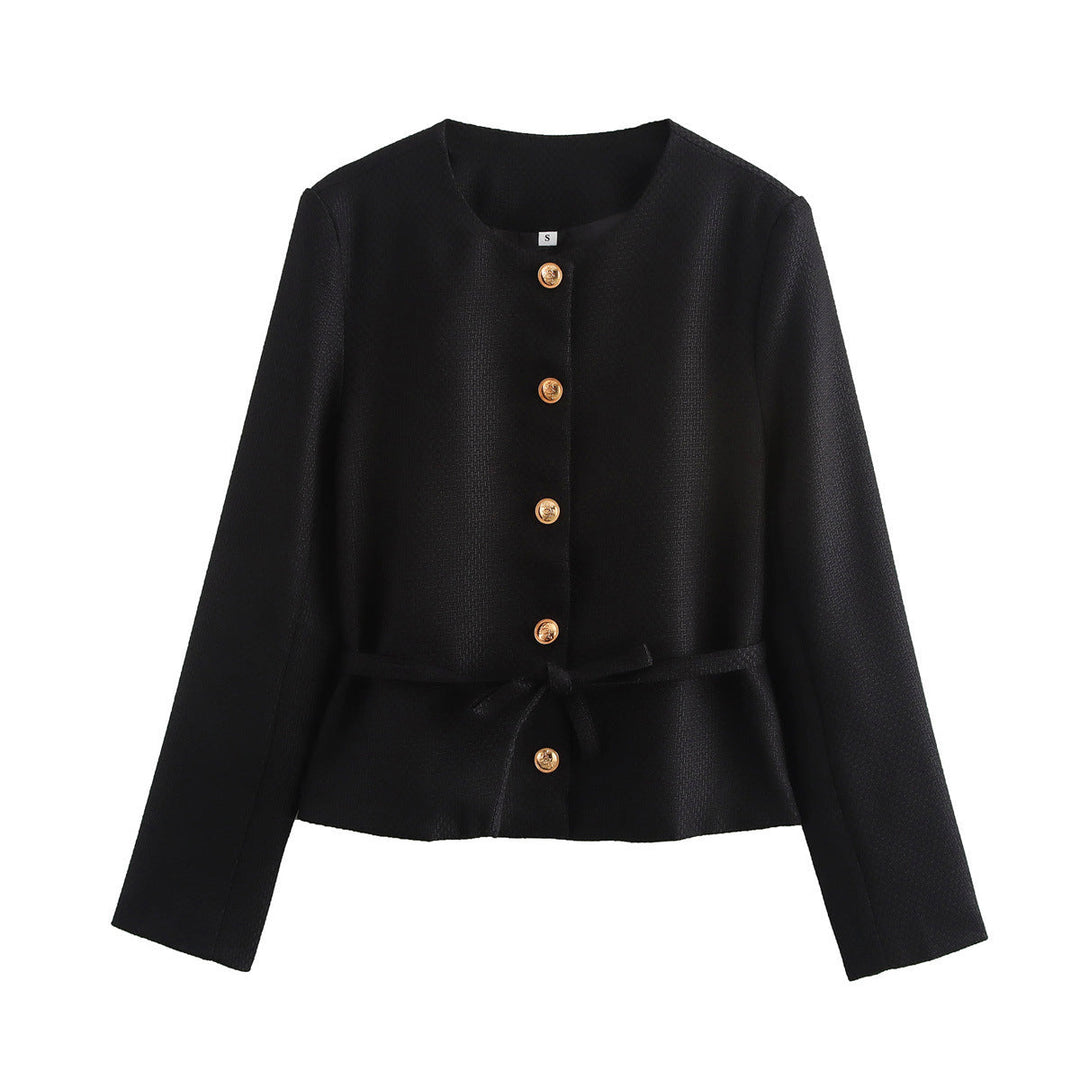 Dam structured kort jacka med round neckline, wooden knäppning, och figursydd tie bälte
