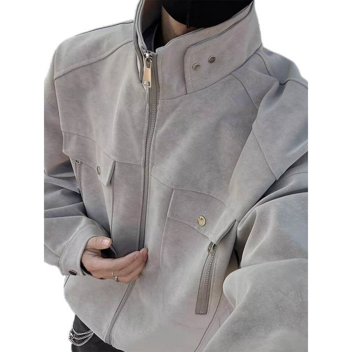 Herr Oversized Suede-Look Utilityjacka med Hög Ståkrage
