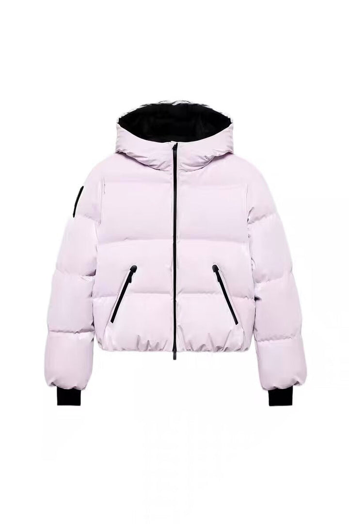 Dam Kort Vadderad Bomber-Stil Jacka med Huva med Elastic Fåll och Zippered Fickor