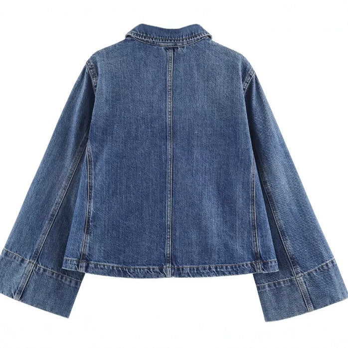 Dam Kort Boxig Jeans Jacka med Oversize Muddar och Patch Fickor