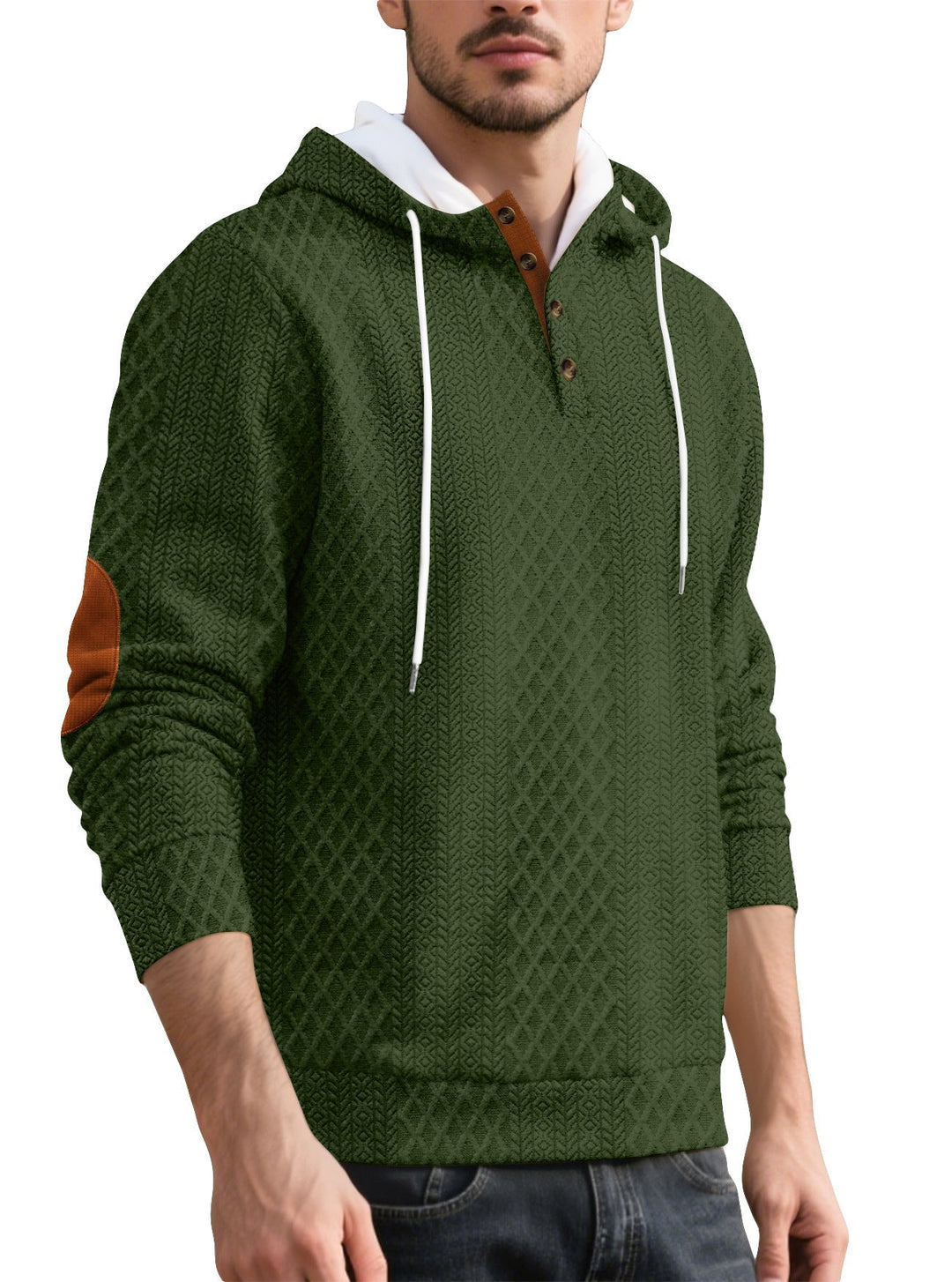 Herr Nan Diamond Structure Luvtröja med Kort Knapplist, Quiltad Huva Inner Edge, och Mocka Elbow Lapp