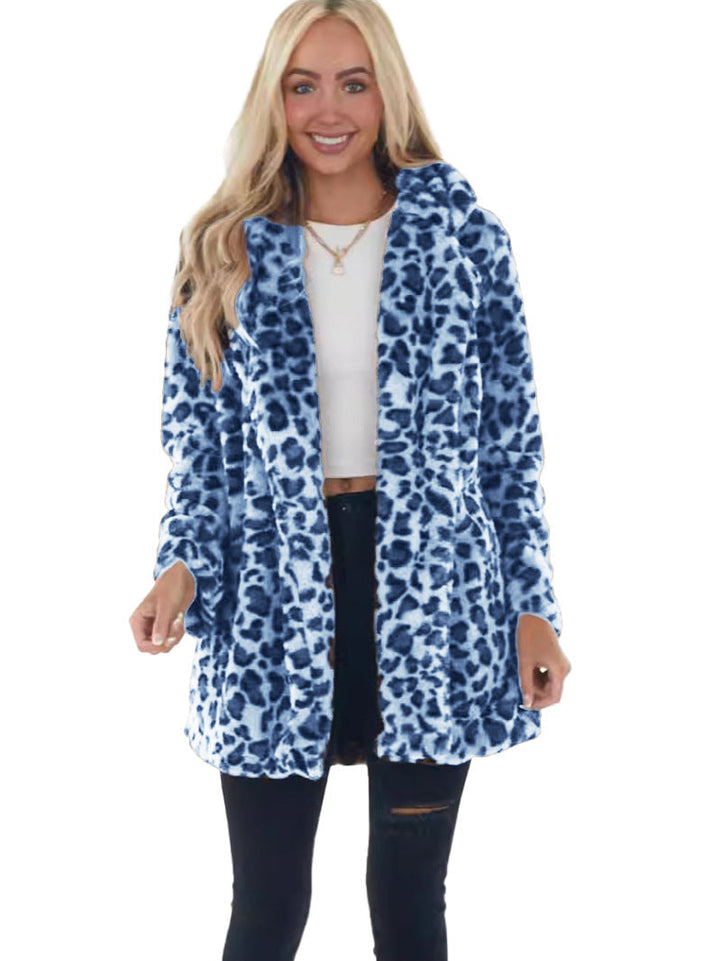 Dam Faux-Fur Leopard-tryck Hooded plysch Mid-Length kappa