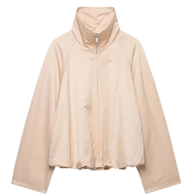 Dam Oversize Blouson Jacka med Funnel Krage, Raglan Ärmar och Justerbar Nederkant