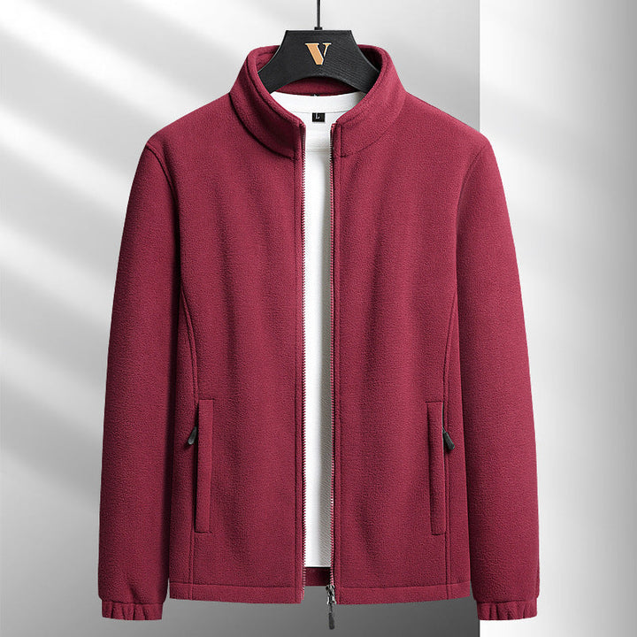 Herr Nano Minimalistisk Microfleece Cardigan med Ståkrage, Tvåvägsdragkedja och Elastiska Muddar