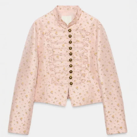 Dam Kort Military Blouson med Mandarin Krage, Dekorativ Cords och Blommig Vävd Texture