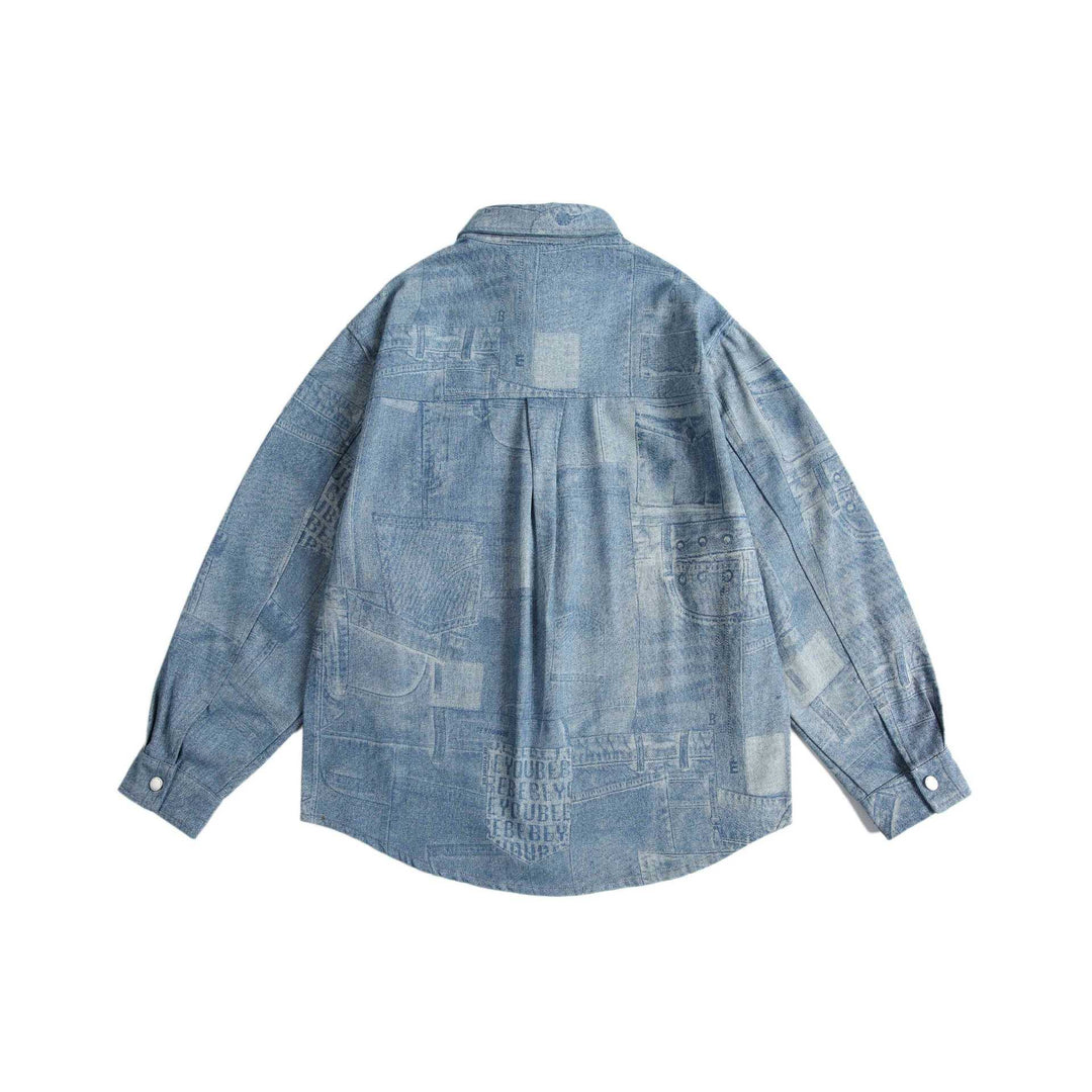 Unisex Oversized-Denim-Skjorta Jacka med Patchwork Tryck och Tryckknappsslå