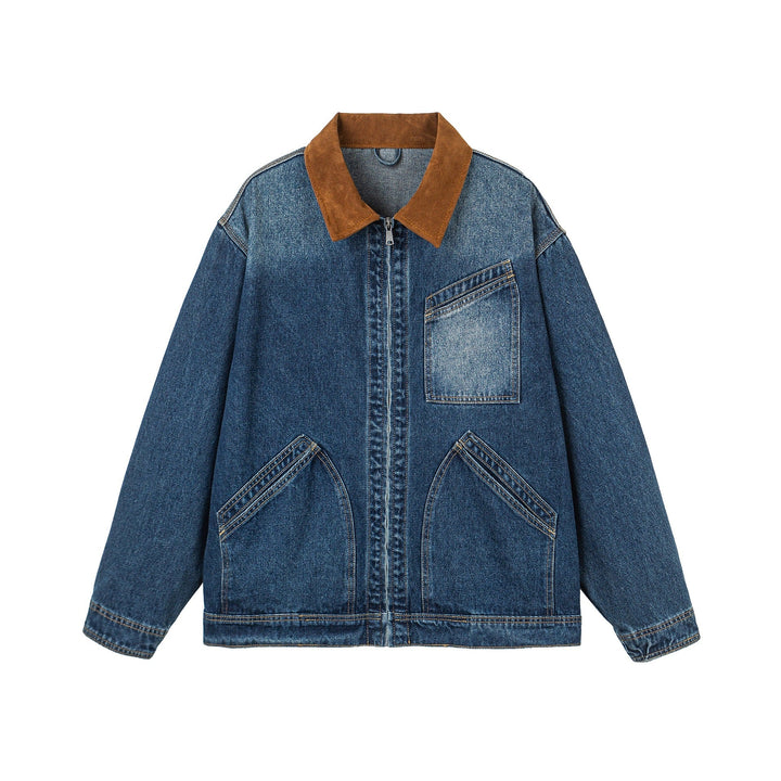Dam Oversized Denim Jacka med Mocka Krage, Concealed Dragkedja och Distinctive Fickor