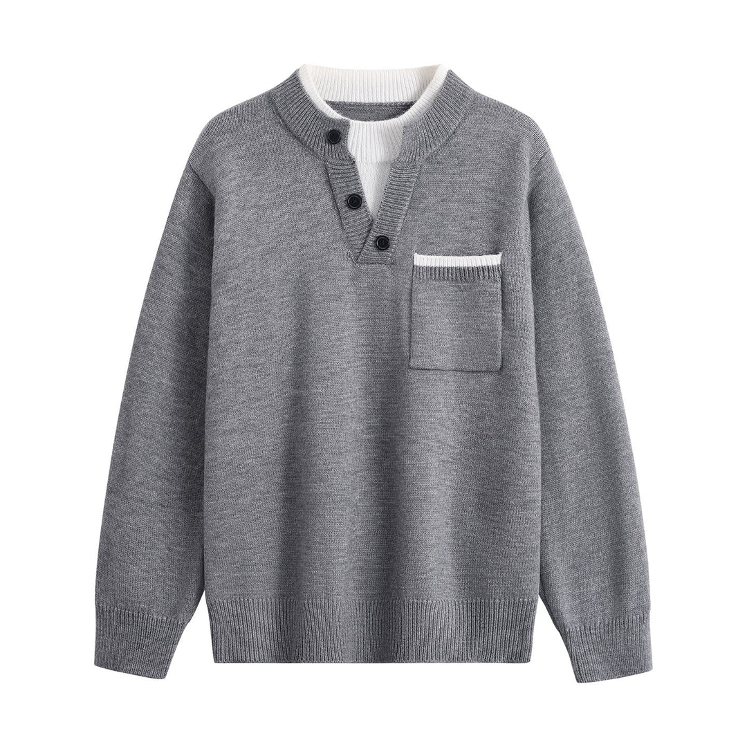 Herr Fin Stickad Henley Tröja med Knapplist, Bröstficka &amp; Contrast Krage