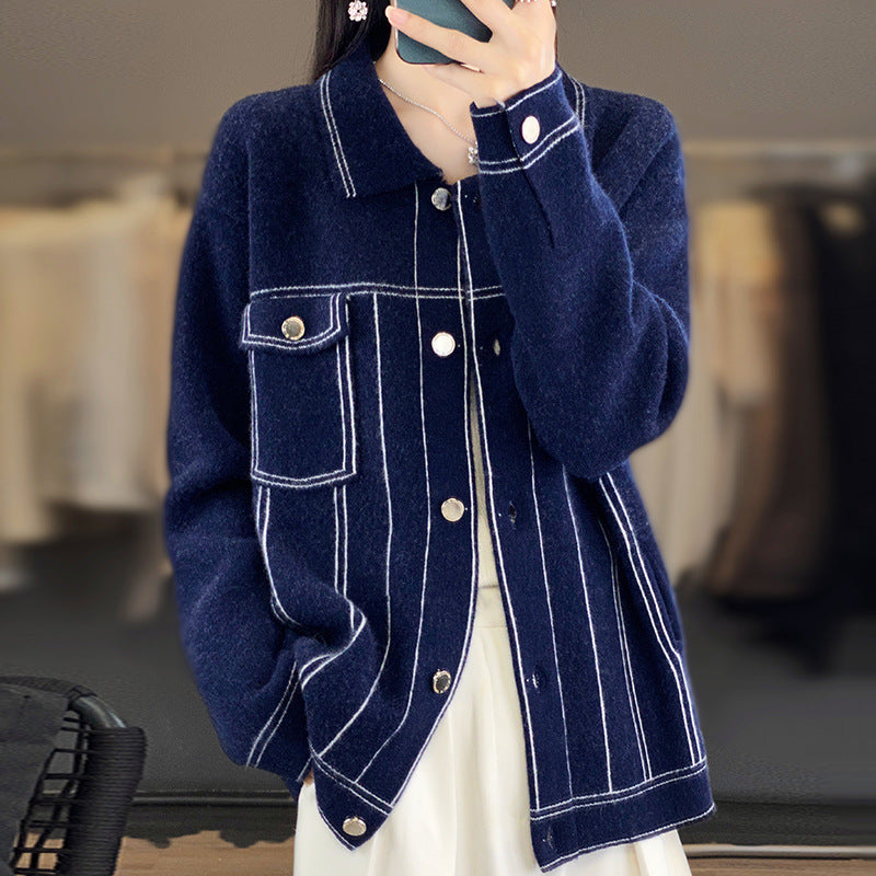 Dam oversize Knit jacka in denimjacka look med kontrasterande Seam detaljer och Chest ficka