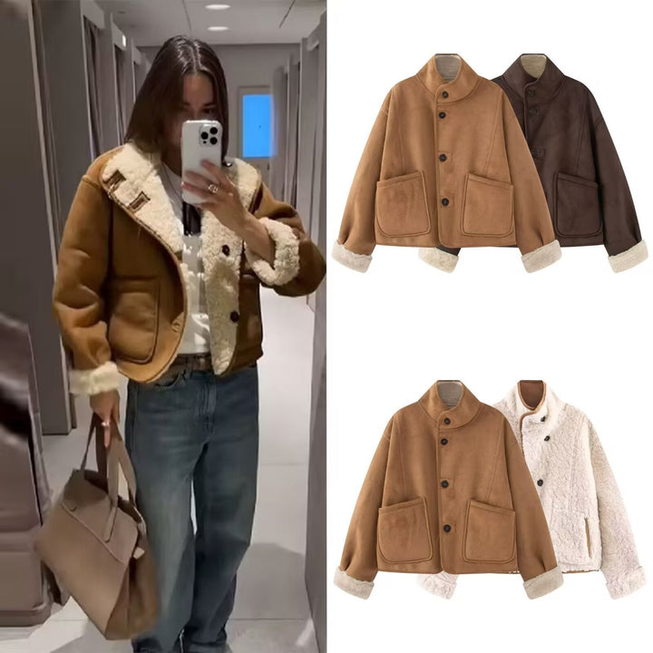 Dam Kort Sheepskin Look Jacka med Ståkrage och Stor Utanpåfickor