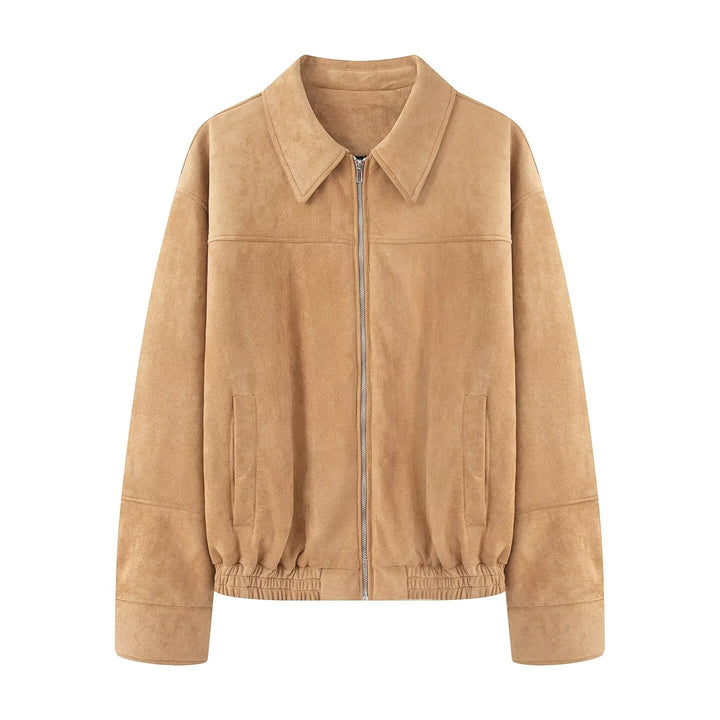 Dam kort jacka in mocka look med dragkedja och elastic fåll