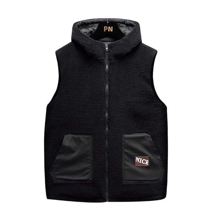 Herr Vadderad Teddy Fleece Väst med Huva, Hel Dragkedja och Letter Patch