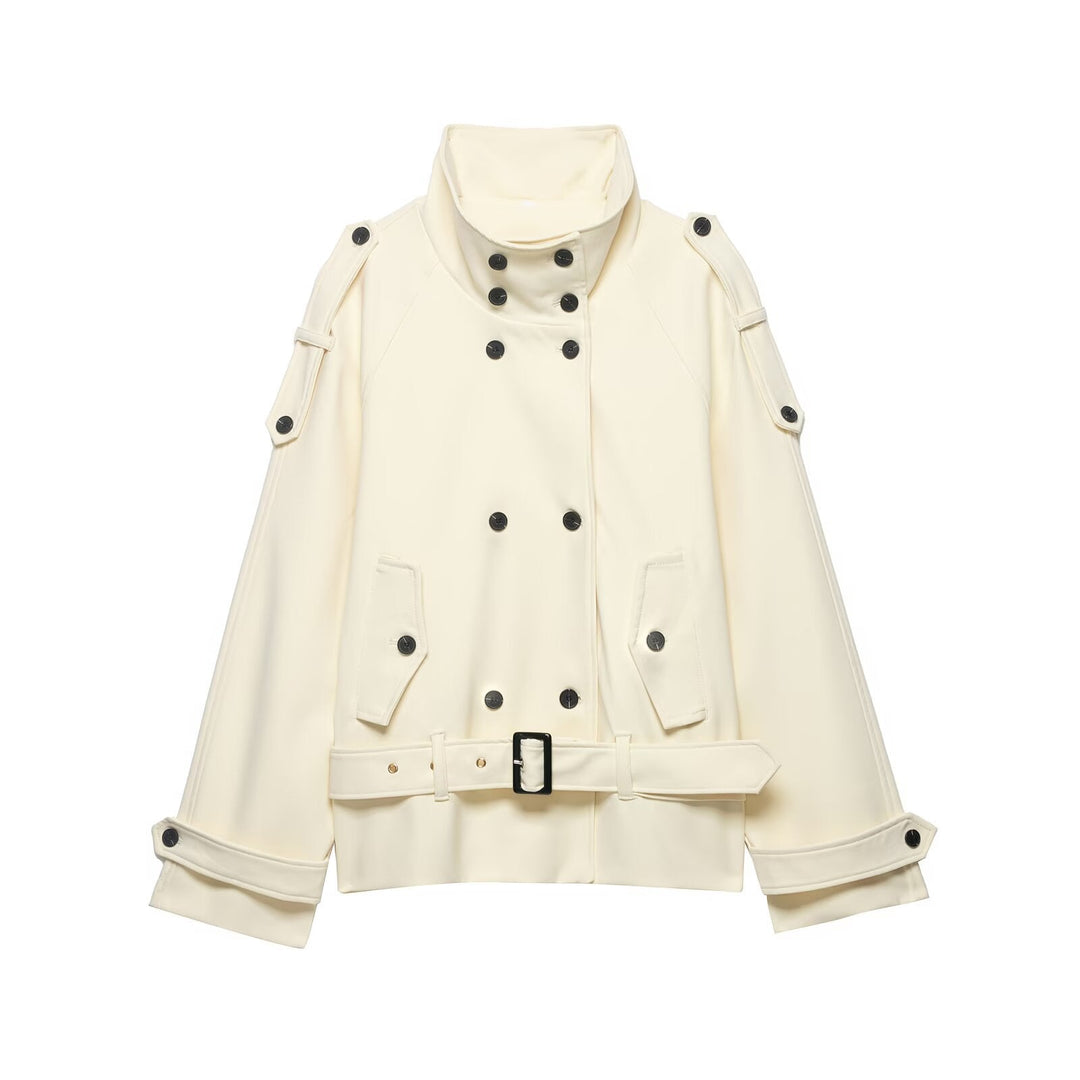 Dam Double-Breasted Trench Cape med Waist Belt och Stå Krage