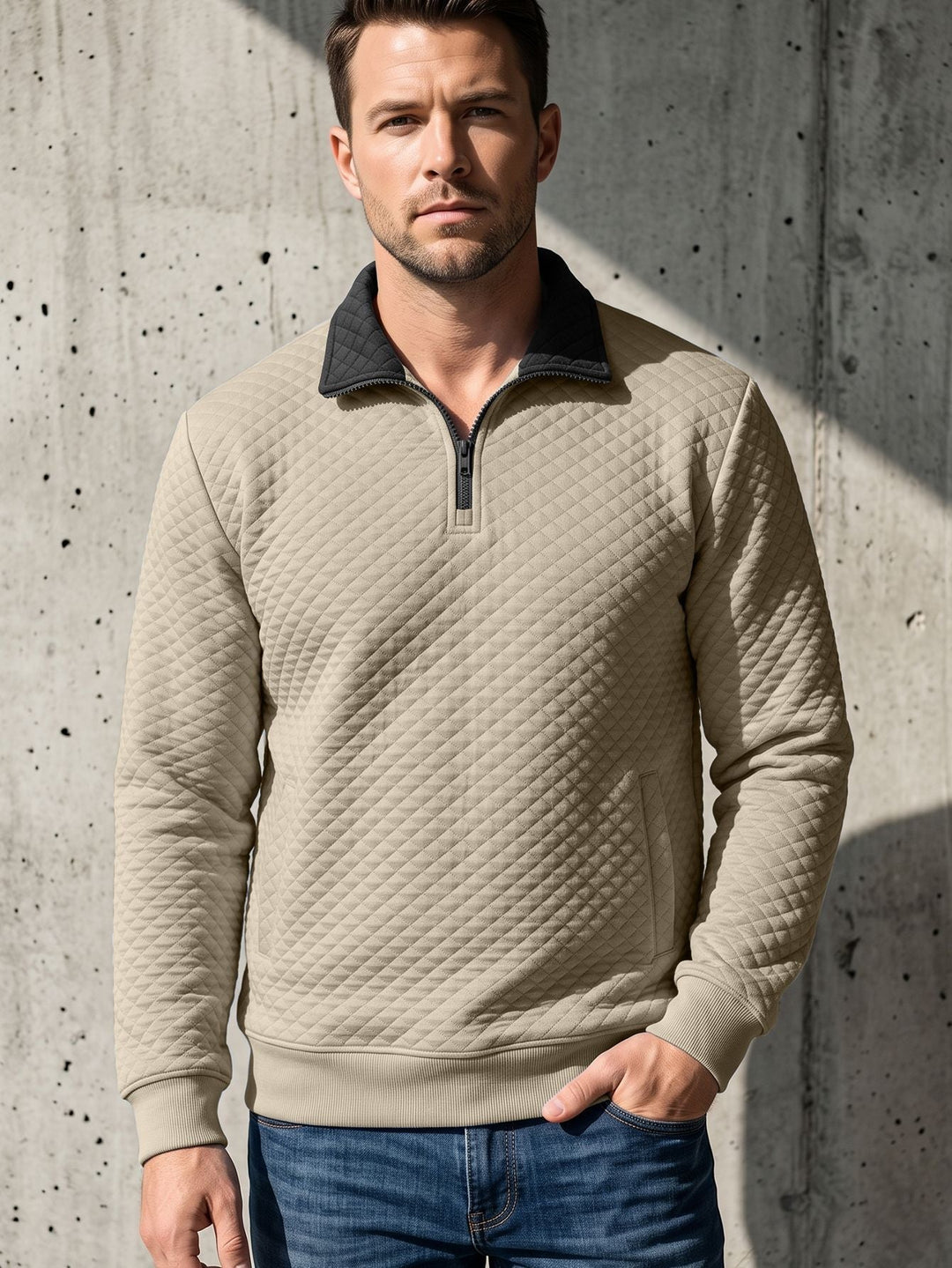 Herr Quiltad Pullover med Troyer Krage och Halv Dragkedja