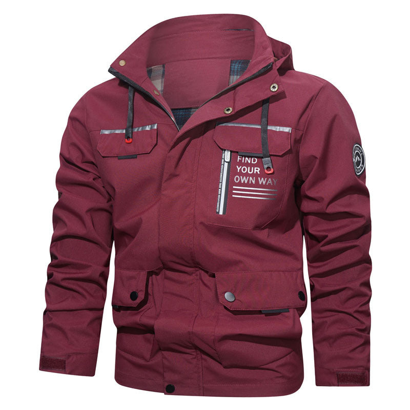 Herr Water-Repellent med Huva Field Jacka med Bröst Dragkedja och Multifunction Fickor