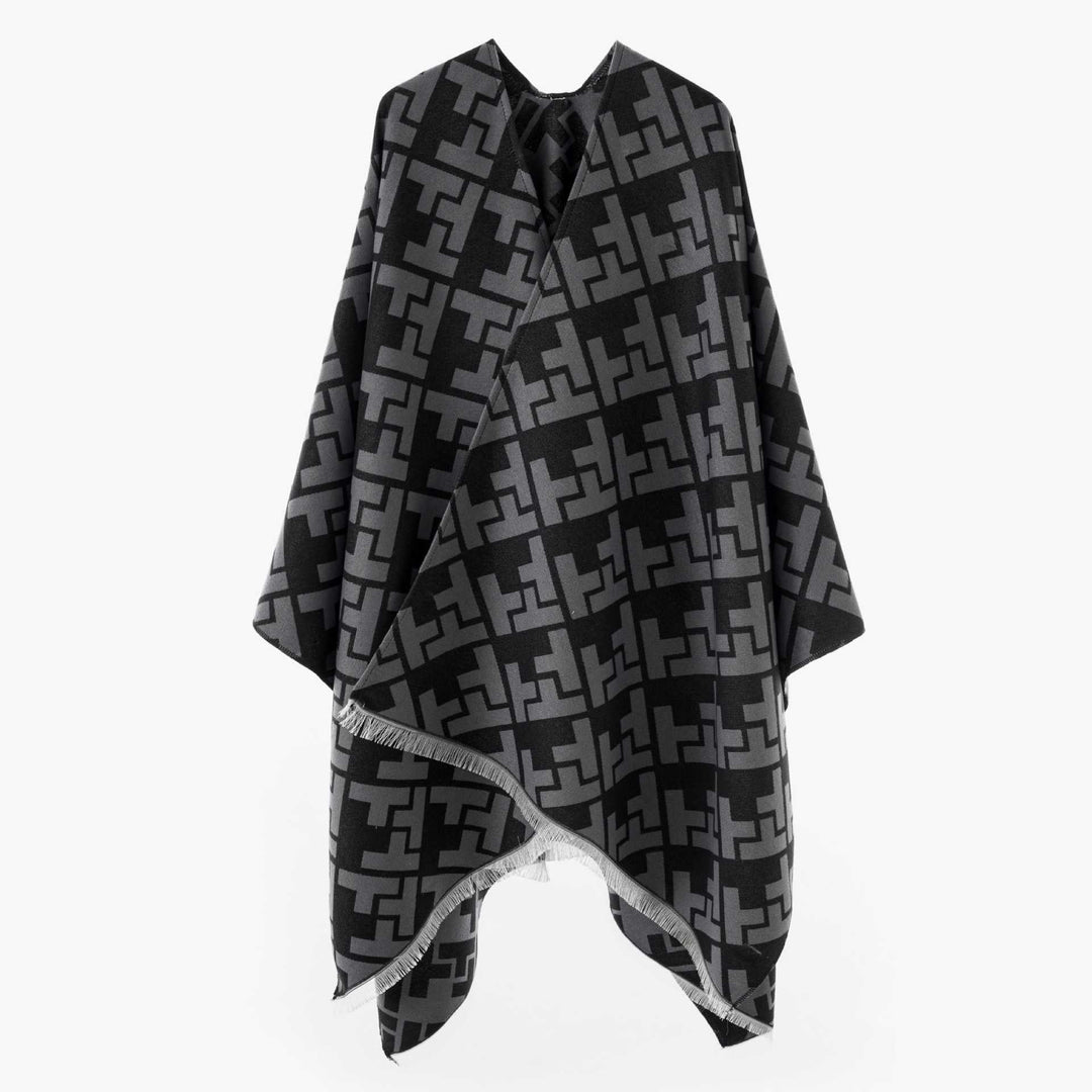 Dam Oversize Cape med Geometric Jacquard och fransfåll