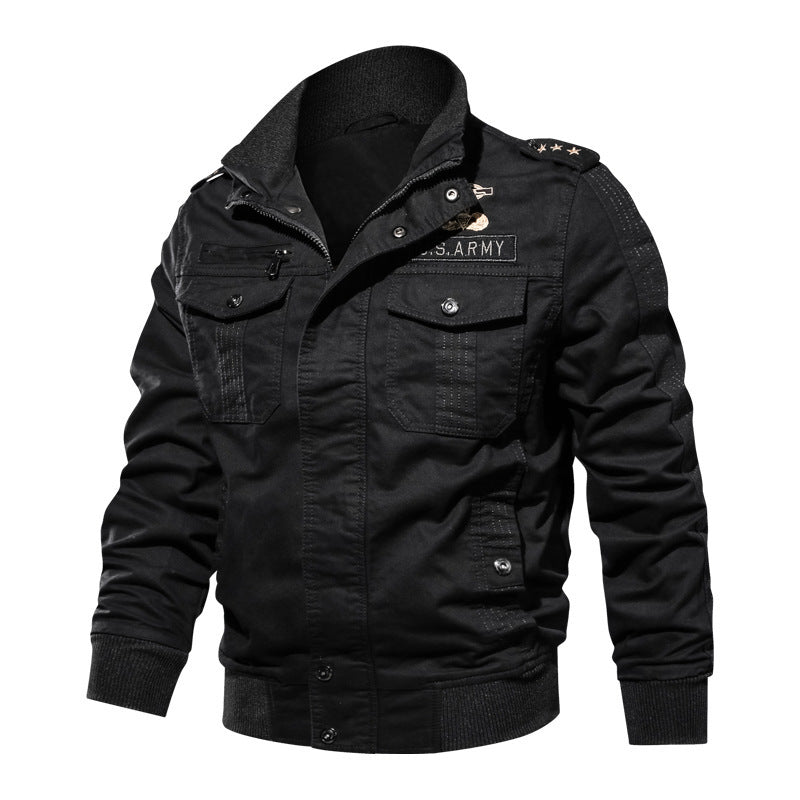 Herr Short Blouson Canvas Fältjacka med Axel Epaulettes, Bröst Lock Fickor, och Ribbad Fåll