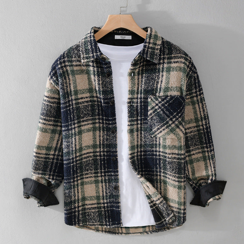 Herr Rutig Overshirt Tillverkad av Teddy Fleece med A Stitched Bröstficka och Dold Knappslå