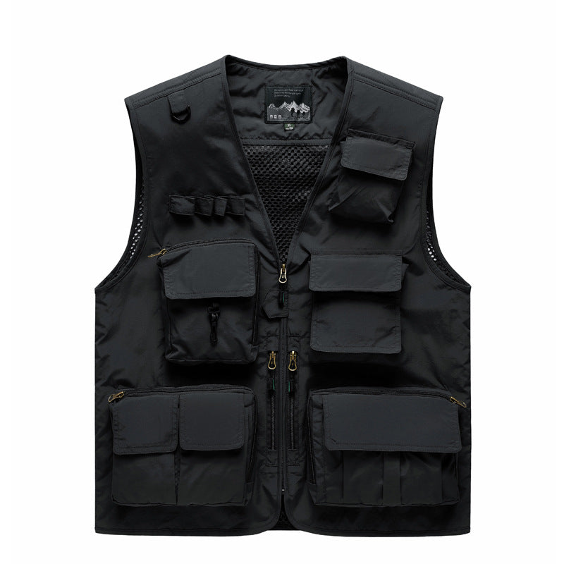 Herr Multifunctional Utomhus Utility Väst med Mesh Bak, Flera Fram Fickor och Genomgående Dragkedja