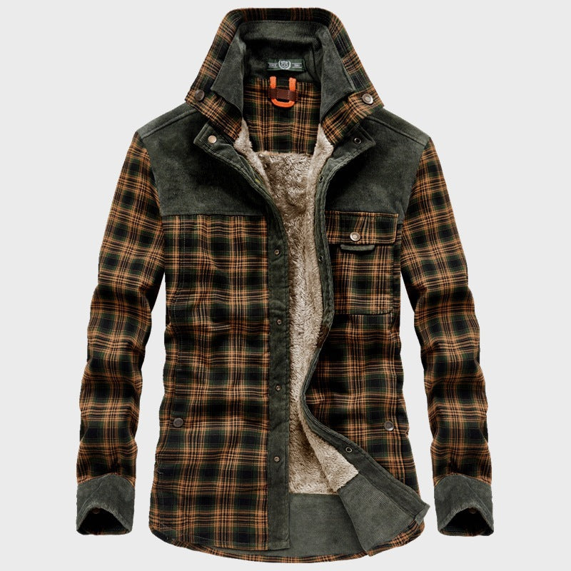 Herr Checkered Skjortjacka med Teddyfoder, Manchester Axel Yoke och Multifunctional Fickor