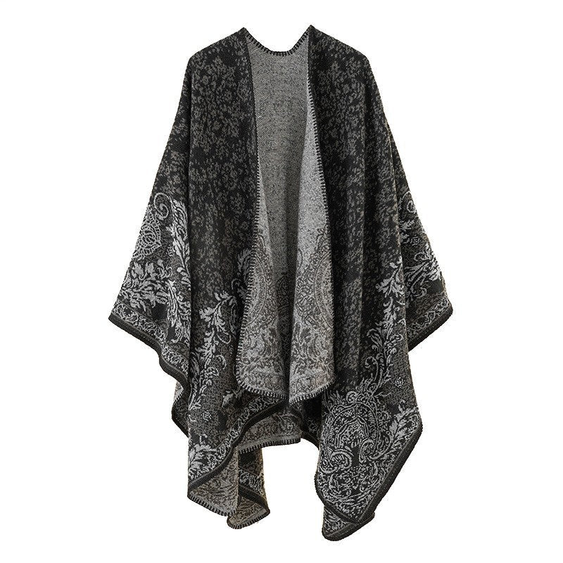 Dam Ornamental Jacquard capeponcho med Open Fall och Decorative Overlock Stitch