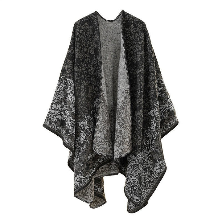 Dam Ornamental Jacquard capeponcho med Open Fall och Decorative Overlock Stitch