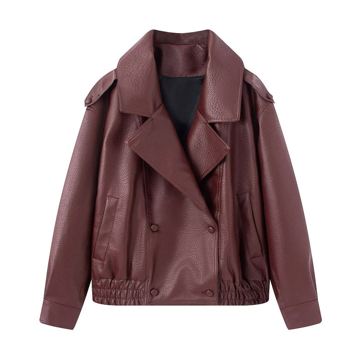 Dam oversize konstläder jacka med stor Lapels, Double-Breasted Snap Placket och Elastic fåll