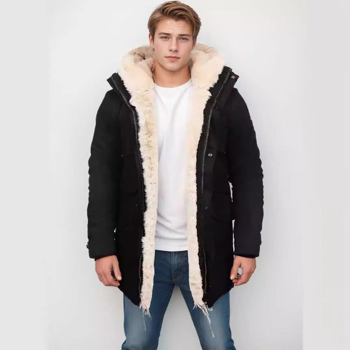 Herr Parka i Fält Stil med Teddyfoder i Huva, Utanpåfickor och Snap Fastening