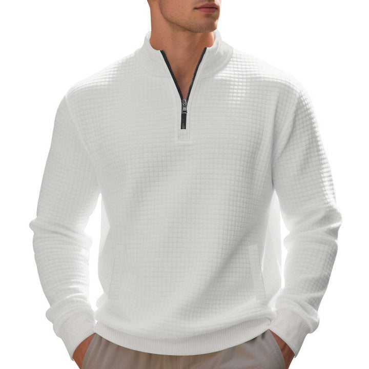 Herr Waffle Stickad Halv Dragkedja Pullover med Ståkrage, Känguruficka &amp; Ribbad Finishes