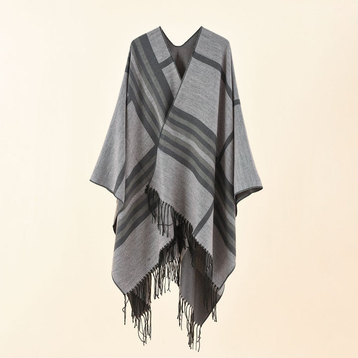 Dam Kastiger Ruana Wrap med Fringes och Diagonal Stripe Jacquard