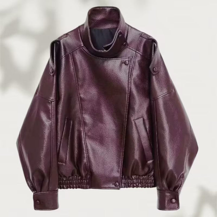 Dam Oversized Konstläder Biker Jacka med Asymmetric Lapel, Ståkrage, och Midjedragsko